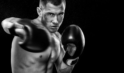 Sportsman muay thai boxer fighting in gloves in boxing cage. Isolated on black background with copy...