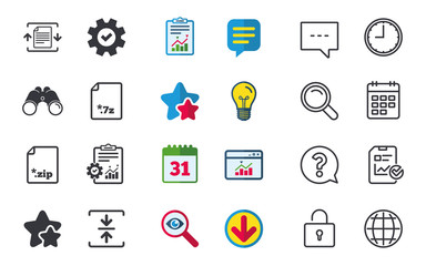 Archive file icons. Compressed zipped document signs. Data compression symbols. Chat, Report and Calendar signs. Stars, Statistics and Download icons. Question, Clock and Globe. Vector
