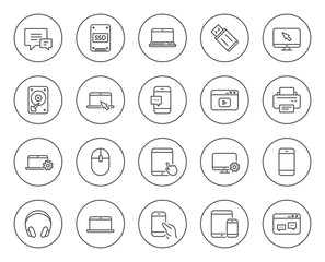 Mobile Devices line icons. Set of Laptop, Tablet PC and Smartphone signs. HDD, SSD and Flash drives. Headphones, Printer and Mouse symbols. Chat speech bubbles. Circle buttons with linear elements