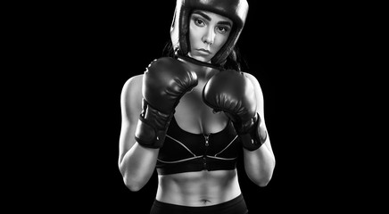 Fototapeta na wymiar Sportsman muay thai boxer fighting. Isolated on black background. Copy Space. Sport concept.