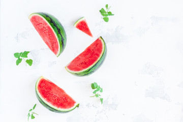 Watermelon. Sliced watermelon on white background. Flat lay, top view, copy space