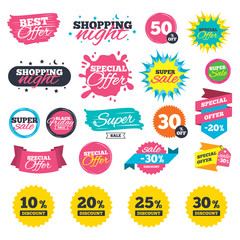 Sale shopping banners. Sale discount icons. Special offer price signs. 10, 20, 25 and 30 percent off reduction symbols. Web badges, splash and stickers. Best offer. Vector