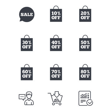 Sale discounts icons. Special offer signs. Shopping bag, price tag symbols. Customer service, Shopping cart and Report line signs. Online shopping and Statistics. Vector