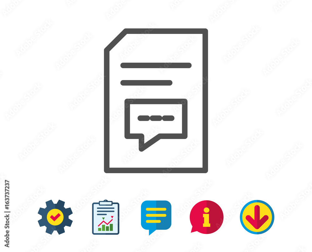 Poster document with comments line icon. information file with speech bubble sign. paper page concept symbo