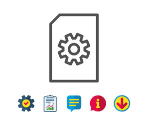 Document Management line icon. Information File with Cogwheel sign. Paper page concept symbol. Report, Service and Information line signs. Download, Speech bubble icons. Editable stroke. Vector