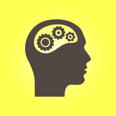 Thinking icon.  Silhouette of gear in head. Flat design style.