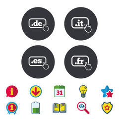Fototapeta na wymiar Top-level internet domain icons. De, It, Es and Fr symbols with hand pointer. Unique national DNS names. Calendar, Information and Download signs. Stars, Award and Book icons. Vector
