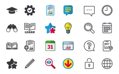 Pencil and open book icons. Graduation cap symbol. Higher education learn signs. Chat, Report and Calendar signs. Stars, Statistics and Download icons. Question, Clock and Globe. Vector
