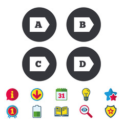 Energy efficiency class icons. Energy consumption sign symbols. Class A, B, C and D. Calendar, Information and Download signs. Stars, Award and Book icons. Light bulb, Shield and Search. Vector