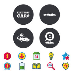 Electric car icons. Sedan and Hatchback transport symbols. Eco fuel vehicles signs. Calendar, Information and Download signs. Stars, Award and Book icons. Light bulb, Shield and Search. Vector