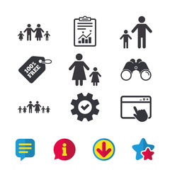 Large family with children icon. Parents and kids symbols. One-parent family signs. Mother and father divorce. Browser window, Report and Service signs. Binoculars, Information and Download icons