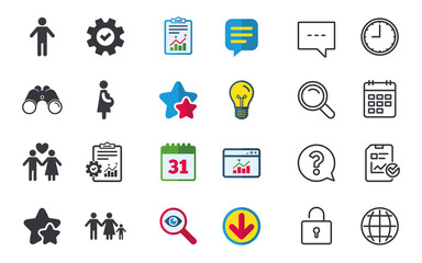 Family lifetime icons. Couple love, pregnancy and birth of a child symbols. Human male person sign. Chat, Report and Calendar signs. Stars, Statistics and Download icons. Question, Clock and Globe