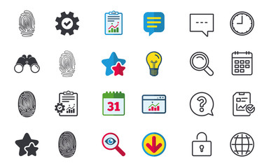Fingerprint icons. Identification or authentication symbols. Biometric human dabs signs. Chat, Report and Calendar signs. Stars, Statistics and Download icons. Question, Clock and Globe. Vector
