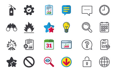 Fire flame icons. Fire extinguisher sign. Prohibition stop symbol. Chat, Report and Calendar signs. Stars, Statistics and Download icons. Question, Clock and Globe. Vector