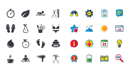 Set of Swimming pool, Spa and Hairdressing icons. Coffee, Cocktail and Apple signs. Water drop, Scissors and Hairdryer symbols. Calendar, Report and Browser window signs. Vector