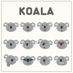 Emoticons set face of koala in cartoon style. Collection isolated funny muzzle koala with different emotion.