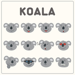 Obraz premium Emoticons set face of koala in cartoon style. Collection isolated funny muzzle koala with different emotion.