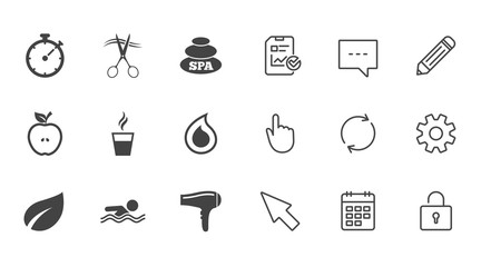 Spa, hairdressing icons. Swimming pool sign. Water drop, scissors and hairdryer symbols. Chat, Report and Calendar line signs. Service, Pencil and Locker icons. Click, Rotation and Cursor. Vector