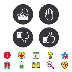 Hand icons. Like and dislike thumb up symbols. Not machine washable sign. Stop no entry. Calendar, Information and Download signs. Stars, Award and Book icons. Light bulb, Shield and Search. Vector