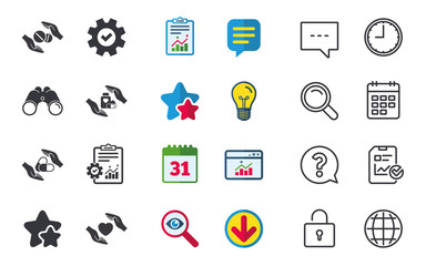 Hands insurance icons. Health medical insurance symbols. Pills drugs and tablets bottle signs. Chat, Report and Calendar signs. Stars, Statistics and Download icons. Question, Clock and Globe. Vector