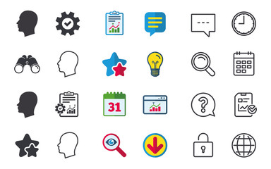 Head icons. Male and female human sign symbols. Chat, Report and Calendar signs. Stars, Statistics and Download icons. Question, Clock and Globe. Vector