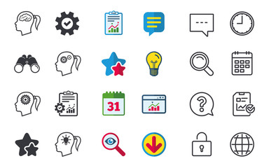 Head with brain and idea lamp bulb icons. Female woman think symbols. Cogwheel gears signs. Chat, Report and Calendar signs. Stars, Statistics and Download icons. Question, Clock and Globe. Vector