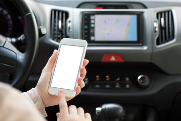 Female hands holding phone with isolated screen map navigation car