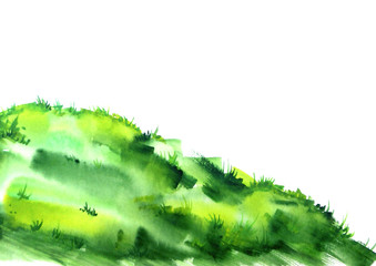 Fototapeta premium Green grass, lawn, field with watercolor. On white isolated background. Beautiful vintage pattern for your design. Green scenic slope, watercolor landscape, silhouette.