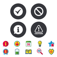 Information icons. Stop prohibition and attention caution signs. Approved check mark symbol. Calendar, Information and Download signs. Stars, Award and Book icons. Light bulb, Shield and Search