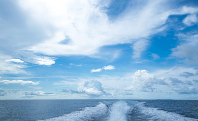 Motor boat water traces in open caribbean sea