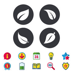 Leaf icon. Fresh natural product symbols. Tree leaves signs. Calendar, Information and Download signs. Stars, Award and Book icons. Light bulb, Shield and Search. Vector