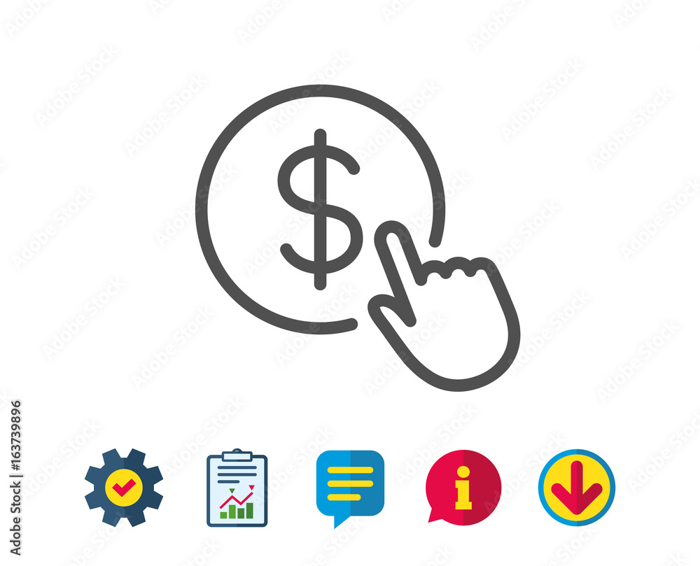 Poster hand click line icon. currency exchange sign. cursor pointer symbol. to pay or get money. report, se