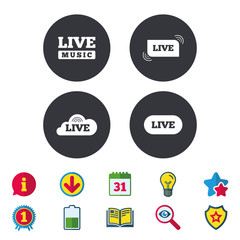 Live music icons. Karaoke or On air stream symbols. Cloud sign. Calendar, Information and Download signs. Stars, Award and Book icons. Light bulb, Shield and Search. Vector