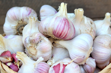 Garlic crop. Summer vegetables and garden