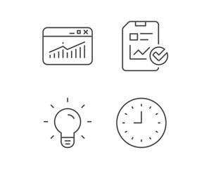 Report file, Lamp and Browser window line icons. Clock or Time sign. Quality design elements. Editable stroke. Vector