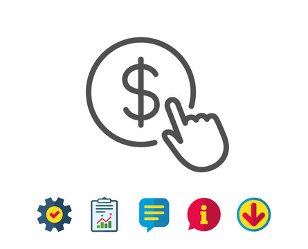 Hand Click line icon. Currency exchange sign. Cursor pointer symbol. To pay or get money. Report, Service and Information line signs. Download, Speech bubble icons. Editable stroke. Vector