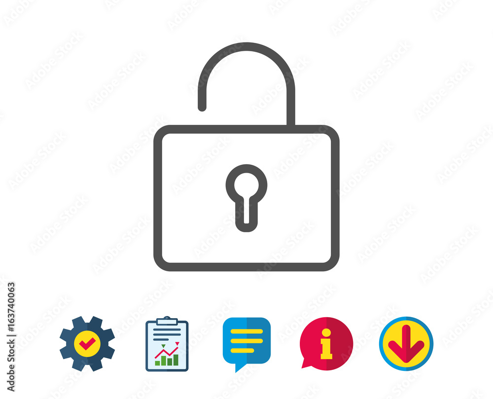 Poster lock line icon. private locker sign. password encryption symbol. report, service and information lin