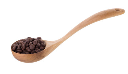 roasted black coffee beans in wooden spoon isolated on a white background