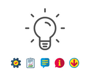Light Bulb line icon. Lamp sign. Idea, Solution or Thinking symbol. Report, Service and Information line signs. Download, Speech bubble icons. Editable stroke. Vector