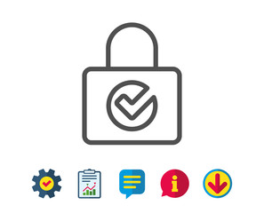 Lock with Check line icon. Private locker sign. Password encryption symbol. Report, Service and Information line signs. Download, Speech bubble icons. Editable stroke. Vector