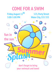 Pool party poster with inflatable ball and splash in swim pool water.