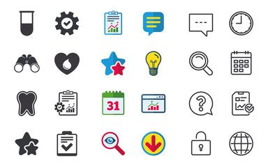 Medical icons. Tooth, test tube, blood donation and checklist signs. Laboratory equipment symbol. Dental care. Chat, Report and Calendar signs. Stars, Statistics and Download icons. Vector