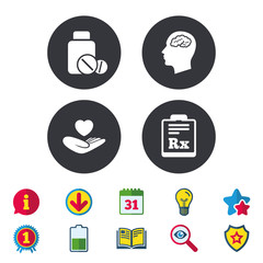 Medicine icons. Medical tablets bottle, head with brain, prescription Rx signs. Pharmacy or medicine symbol. Hand holds heart. Calendar, Information and Download signs. Stars, Award and Book icons