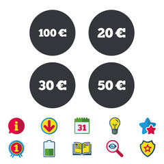 Money in Euro icons. 100, 20, 30 and 50 EUR symbols. Money signs Calendar, Information and Download signs. Stars, Award and Book icons. Light bulb, Shield and Search. Vector