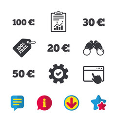 Money in Euro icons. 100, 20, 30 and 50 EUR symbols. Money signs Browser window, Report and Service signs. Binoculars, Information and Download icons. Stars and Chat. Vector