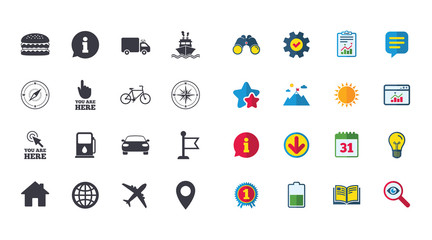 Set of Navigation and Gps icons. Windrose, Compass and Burger signs. Bicycle, Ship and Car symbols. Location pointer and flag. Calendar, Report and Browser window signs. Vector