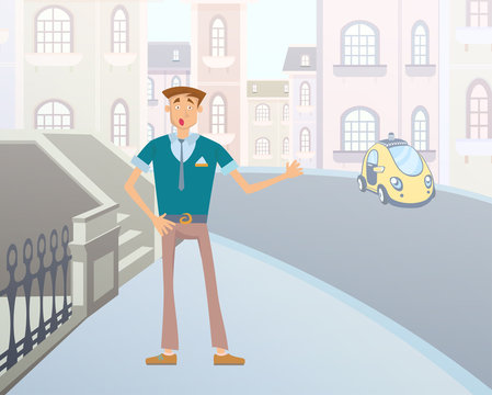 Young cartoon man catches a taxi on a city street. Vector illustration.