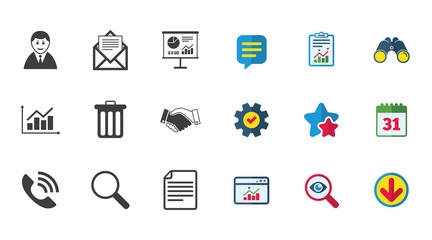 Office, documents and business icons. Businessman, handshake and call signs. Chart, presentation and mail symbols. Calendar, Report and Download signs. Stars, Service and Search icons. Vector