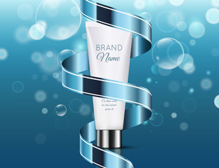 A beautiful template for cosmetic ads, realistic 3d white tube with blue glossy ribbon on a light blue shiny background with water bubbles. 