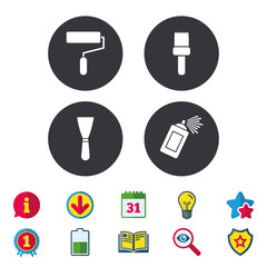 Paint roller, brush icons. Spray can and Spatula signs. Wall repair tool and painting symbol. Calendar, Information and Download signs. Stars, Award and Book icons. Light bulb, Shield and Search